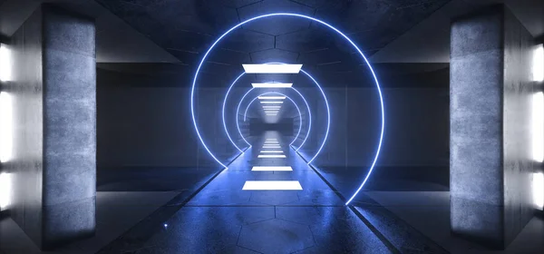 Sci Beton Futurisztikus Alagút Folyosó Oszlop Oszlopok Szoba Neon Spirál — Stock Fotó