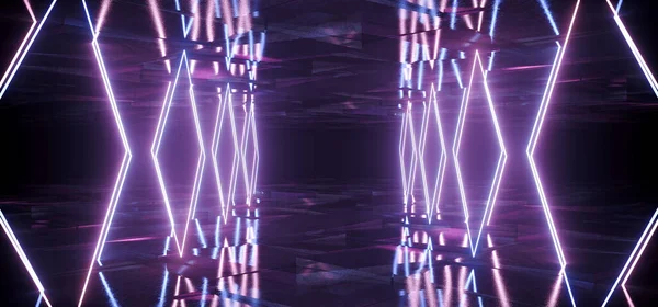 霓虹灯发光线光束激光黄铜表壳紫色蓝色金属混凝土地下Sci Fi未来主义网络合成舞蹈团太空飞船暗夜背景3D渲染示例 — 图库照片