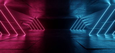 Neon Cyber Sentetik Işıklar Işıldıyor Lazerler Sahne Mor Mavi Metal Beton Yeraltı Bilim Kurgu Geleceği Dans Kulübü Uzay Gemisi Karanlık Gece Arkaplanı 3D