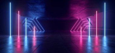 Neon Lights Işıltılı Hat Lazer Gösterileri Mor Mavi Metal Beton Yeraltı Bilim Kurgu Fotografı Geleceği Sentetik Dans Kulübü Uzay Gemisi Karanlık Gece Arkaplanı 3D Görüntü Çizimi