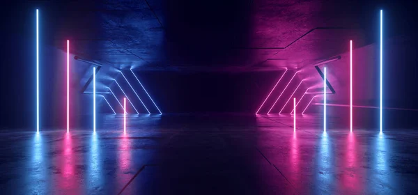 Neonlichter Leuchtende Linienstrahlen Laser Bühne Showcase Lila Blau Metall Beton — Stockfoto