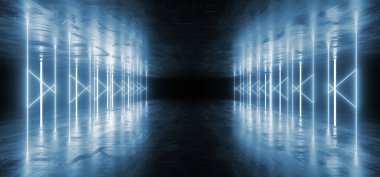 Neon Lights Işıltılı Hat Lazer Podyumu Mavi Metal Beton Yeraltı Bilim Kurgu Geleceği Sentetik Dans Kulübü Uzay Gemisi Karanlık Gece Arkaplanı 3D