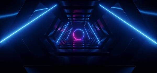 Neon Laser Sci Futuristic Alien Spaceship Metal Reflective Corridor Tunnel — 스톡 사진
