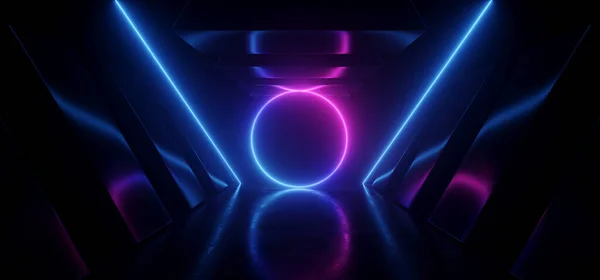 Neon Laser Sci Futuristic Alien Spacship Metal Reflective Corridor Tunnel — 图库照片