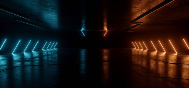 Neon Işıldayan Bilim Kurgu Parlayan Uzaylı Mavi Turuncu Geleceğin Lazer Kirişleri Karanlık Grunge Beton Beton Döşeme Gecesi Sahne Stüdyosu Garajı Siber Arkaplan 3D