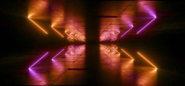 Neon Parlayan Bilim Kurgu Mor Turuncu Parlak Fütürist Lazer Kirişleri Karanlık Grunge Beton Beton Döşeme Gecesi Gösterim Odası Garajı Siber Arkaplan 3D