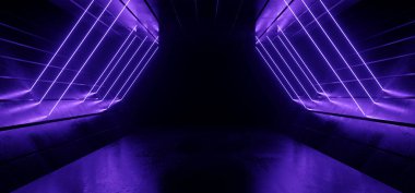 Neon Işıldayan Bilim Kurgu Mor Geleceğin Parlak Lazer Kirişleri Karanlık Grunge Beton Beton Döşeme Gecesi Sahnesi Sahne Odası Garajı Siber Arkaplan 3D Görüntü