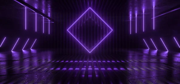 ネオン輝くSf紫のバイオレット未来的なレーザービームが闇の中でバウンスコンクリートタイル張りの床夜ステージショールームガレージ倉庫サイバー背景3Dレンダリングイラスト — ストック写真