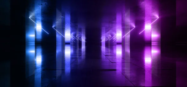 ネオン輝くSf紫の青の未来的なレーザービームが闇の中でバウンスコンクリートタイル張りの床夜ステージショールームガレージ倉庫サイバー背景3Dレンダリングイラスト — ストック写真