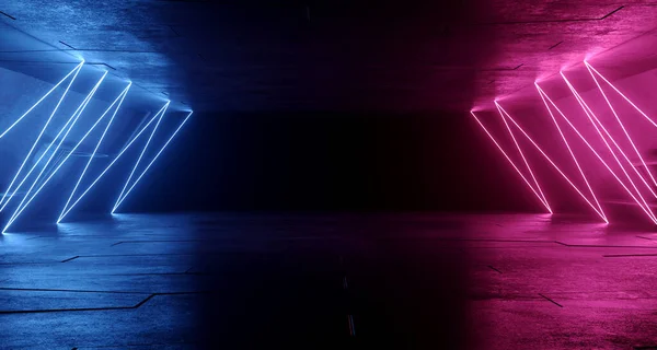 Neon Glödande Sci Glödande Lila Blå Futuristiska Laserstrålar Studsar Mörk — Stockfoto