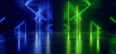 Neon Işıldayan Bilim Kurgu Parlayan Yeşil Mavi Fütürist Lazer Işınlar Karanlık Grunge Beton Beton Döşeme Gecesi Sahne Vitrini Garajı Siber Arkaplan 3D