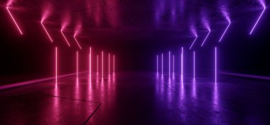 Neon Parlayan Bilim Kurgu Mor Mor Mor Geleceğin Lazer Kirişleri Karanlık Grunge Beton Beton Beton Döşeme Gecesi Gösteri Salonu Garajı Siber Arkaplan 3D Görüntü Görüntüleme