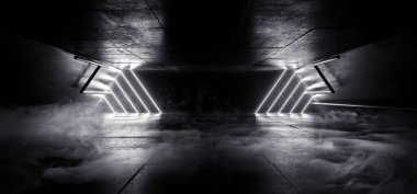 Smoke Neon Parlak Lazer Sütunlar Beton Grunge Döşeme Uzaylı Sanal Tünel Koridoru Karanlık Gece Deposu 3D Çizim Çizimi
