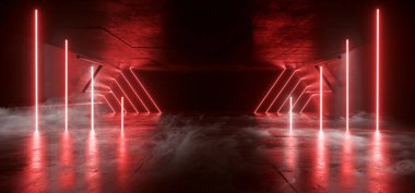 Duman Sisi Parlayan Lazer Işıkları Sütunlar Beton Grunge Döşeme Uzaylısı Sanal Tünel Koridoru Karanlık Gece Deposu 3D çizim