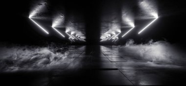 Smoke Sci Fi Futuristik Parlak Lazer Işınlar Sütunlar Beton Grunge Döşeme Uzaylı Uzay Gemisi Siber Tünel Koridoru Karanlık Gece Deposu 3D Resim Hazırlama