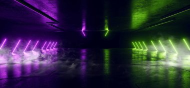 Dumanlı Sis Neon Parlak Lazer Mor Işınlar Sütunlar Beton Grunge Döşeme Uzaylı Uzay Gemisi Siber Tünel Koridoru Karanlık Gece Deposu 3D