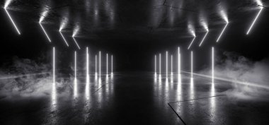 Smoke Sci Fi Futuristik Parlak Lazer Işınlar Sütunlar Beton Grunge Döşeme Uzaylı Uzay Gemisi Siber Tünel Koridoru Karanlık Gece Deposu 3D Resim Hazırlama