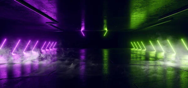 Rök Dimma Neon Glödande Laser Gröna Lila Strålar Pelare Betong — Stockfoto