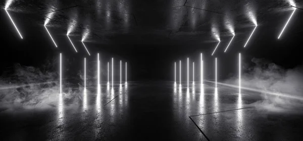 Füstköd Sci Futurisztikus Neon Izzó Lézer Fehér Gerendák Oszlopok Beton — Stock Fotó