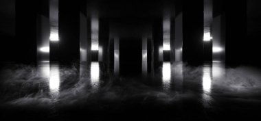 Smoke Siber Sis Sanal Beyaz Lazer Parlayan Bilim Kurgu Geleceğin Mağazası Grunge Beton Salon Garajı Yeraltı Uzaylı Uzay Gemisi Arka plan 3D Çizim Çizimi