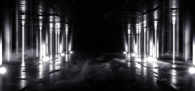 Smoke Siber Sis Sanal Beyaz Lazer Parlayan Bilim Kurgu Geleceğin Mağazası Grunge Beton Salon Garajı Yeraltı Uzaylı Uzay Gemisi Arka plan 3D Çizim Çizimi