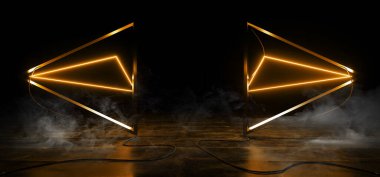 Smoke Fog Neon Lazer Bilim Kurgu Geleceğin Cam Oku Metal Sahne Podyumu Parlayan Turuncu Sentetik Uzaylı Garaj Beton Yansıtıcı Arkaplan 3B Resim