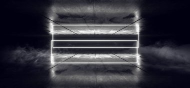 Smoke Steon Neon Lazer Bilim Kurgu Geleceğin Parlak Çerçevesi Beyaz Şekil Dikdörtgenleri Grunge Yansıtıcı Beton Depoda Yansıtıcı Beton Depoda Yansıtıcı Kirişler 3D Resim Odası