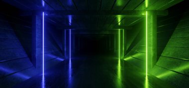 Bilim Kurgu Retro Uzaylı Yeşil Mavi Üçgen Parlak Lazer Işınlar Tünel Koridoru Koridoru Yeraltı Depo Kapısı Yansıtıcı Arkaplan 3D
