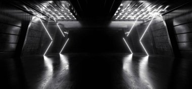 Bilim Kurgu Retro Uzaylı Beyaz Üçgen Parlak Lazer Işınlar Tünel Koridoru Koridoru Yeraltı Depo Kapısı Yansıtıcı Arkaplan 3D Resmetme