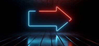 Retro Sentetik Lazer Lazer Neon Tüneli Modern Bilim Kurgu Fütüristik Oku Turuncu Parlayan Işıklar Metalik Döşeme Beton Döşeme Karanlık Depo Garajı Yeraltı Sanal Arkaplan 3D Resim Çizimi