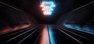 Neon Tüneli Koridoru Lazer Parıldayan Mavi Turuncu Uzay Aracı Geçit Yolu 'nu gösteriyor Koridor Metalik Beton Döşeme Kalıbı Yeraltı Karanlık Garaj Deposu 3B Resim Çizimi
