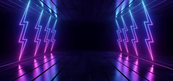 Retro Sentetik Lazer Modern Bilim Kurgu Mor Yıldırımlar Mor Mavi Parıltılı Işıklar Metalik Yansıtıcı Döşeme Beton Döşeme Karanlık Depo Garajı Yeraltı Sanal Arkaplan 3D Görüntü