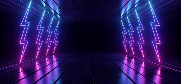 Retro Synth Laser Neon Modern Sci Fi Futuristic Thunder Bolts Purple Blue Gloving Lights Metric Reflecture Texture Context Floor Dark Warfare Underground Cyber Background 3D Rendering
