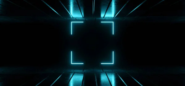 Sci Neon Frame Rectangle Laser Blue Piso Texturizado Brilhante Reflective — Fotografia de Stock