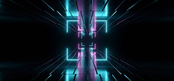 Sci Fi Neon Frame Rectangle Laser Blue Purple Glowing Textured Floor Reflective Concrete Metallic Cyber Synth Cyberpunk Virtual Reality Tunnel Corridor Garage Warehouse Dark NIght Background 3D Rendering Illustration