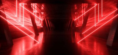 Neon Lazer Üçgeni Kırmızı Işınlar Bilim Kurgu Parlak Işıklar Karanlık Koridor Koridoru Retro Dalga Arka planı Metal Beton Çizim 3D