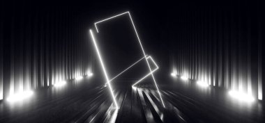 Neon Lazer Dikdörtgeni Beyaz Işınlar Bilim Kurgu Fütüristik Parlayan Işıklar Karanlık Koridor Koridoru Retro Dalga Arka planı Metal Beton 3D Resim