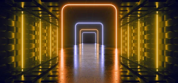Bilimkurgu Neon Lazer Parlak Yay Dikdörtgen Sarı Işıklar Karanlık Garajda — Stok fotoğraf