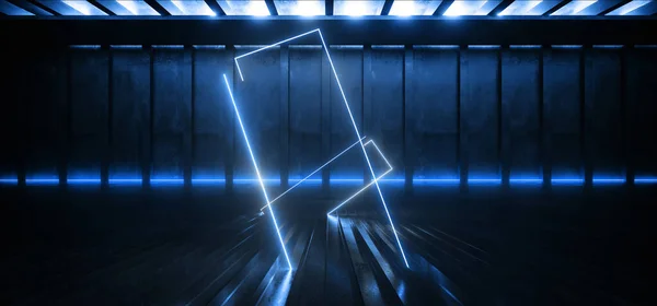 Sfネオンレーザー輝く形のビームダークガレージ地下コンクリートメタル未来派エイリアン宇宙船現代のサイバー仮想背景3Dレンダリングイラスト — ストック写真