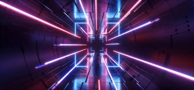 Bilim Kurgu Neon Sahnesi Geleceğin Oval Yapısı Lazer Çerçeve Mor Parlak Dikdörtgen Yansıtıcı Beton Garaj Koridoru Siber Koridor Retro Modern 3D Çizim