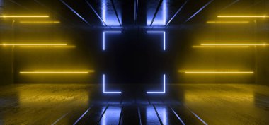 Fütürist bilim kurgu Neon Turuncu Parlak Panjur Kare Işığı Gibi Karanlık Yeraltı Garajı Beton Döşeme Sanal Sanal Sanal Sanal Görüntü