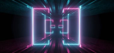 Bilim Kurgu Neon Sahnesi Geleceğin Oval Yapısı Lazer Çerçeve Mor Parlak Dikdörtgen Yansıtıcı Beton Garaj Koridoru Siber Koridor Retro Modern 3D Çizim