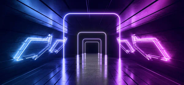 Sci Neon Stage Futuristische Pijlen Pointers Constructie Laserframe Blauw Paars — Stockfoto