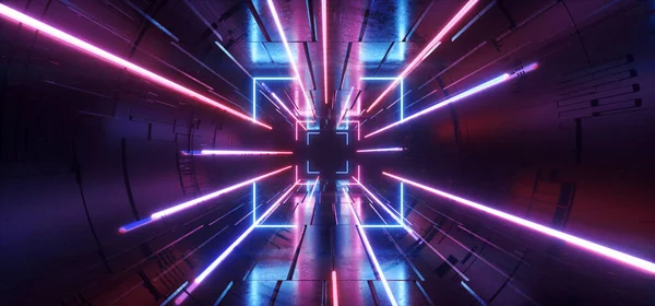 Bilim Kurgu Neon Sahnesi Geleceğin Oval Yapısı Lazer Çerçeve Mor Parlak Dikdörtgen Yansıtıcı Beton Garaj Koridoru Siber Koridor Retro Modern 3D Çizim