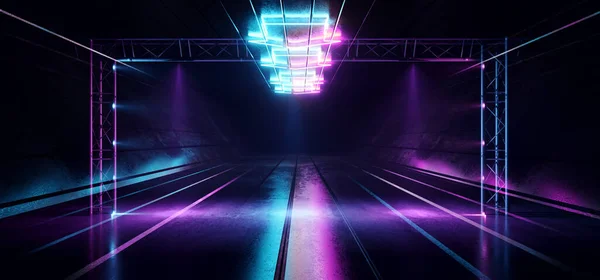 Sci Fi Neon Stage Futuristic Podium Construction Laser Frame Blue Purple Glowing Rectangle Reflective Concrete Garage Hallway Tunnel Corridor Cyber Retro Modern 3D Rendering illustration
