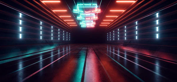 Sfネオンステージ未来建築エイリアン宇宙船レーザーブルーパープルレッド光る反射コンクリートガレージ廊下トンネルサイバーレトロモダンな3Dレンダリングイラスト — ストック写真