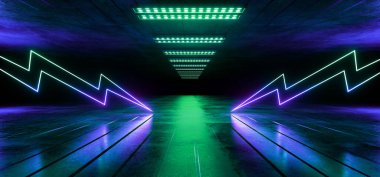 Bilimci Fütürist Neon Retro Modern Mor Ok İşaretleri Şimşek Elektrik Deposu Garaj Koridoru Yansıtıcı Metal Sanal Arkaplan 3D