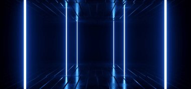 Bilimkurgu Modern Uzaylı Uzay Gemisi Lazer Işınları Beton Tünel Yansıtıcı Metal Karanlık Arka plan Boş Yer altı Koridoru 3B Resim