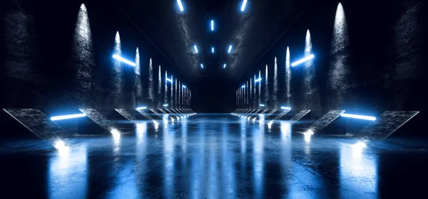 Concrete Hallway Warehouse Industrial Concrete Sci Fi Alien Spaceship Corridor Tunnel Underground Laser Glowing Blue Neon Led Lights Cyber Parking Showcase Background 3D Rendering  Illustration