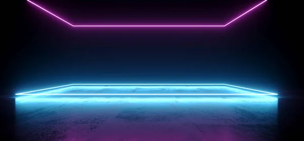 Linee Luminose Arc Gate Neon Laser Blu Viola Magazzino Travi — Foto Stock